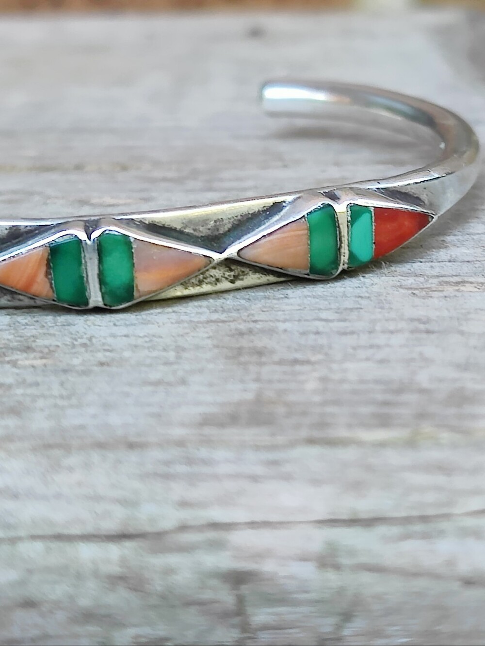 Zuni Tribe Sterling Silver Coral And Turquoise Petit Cuff Bracelet - Picture 3 of 7